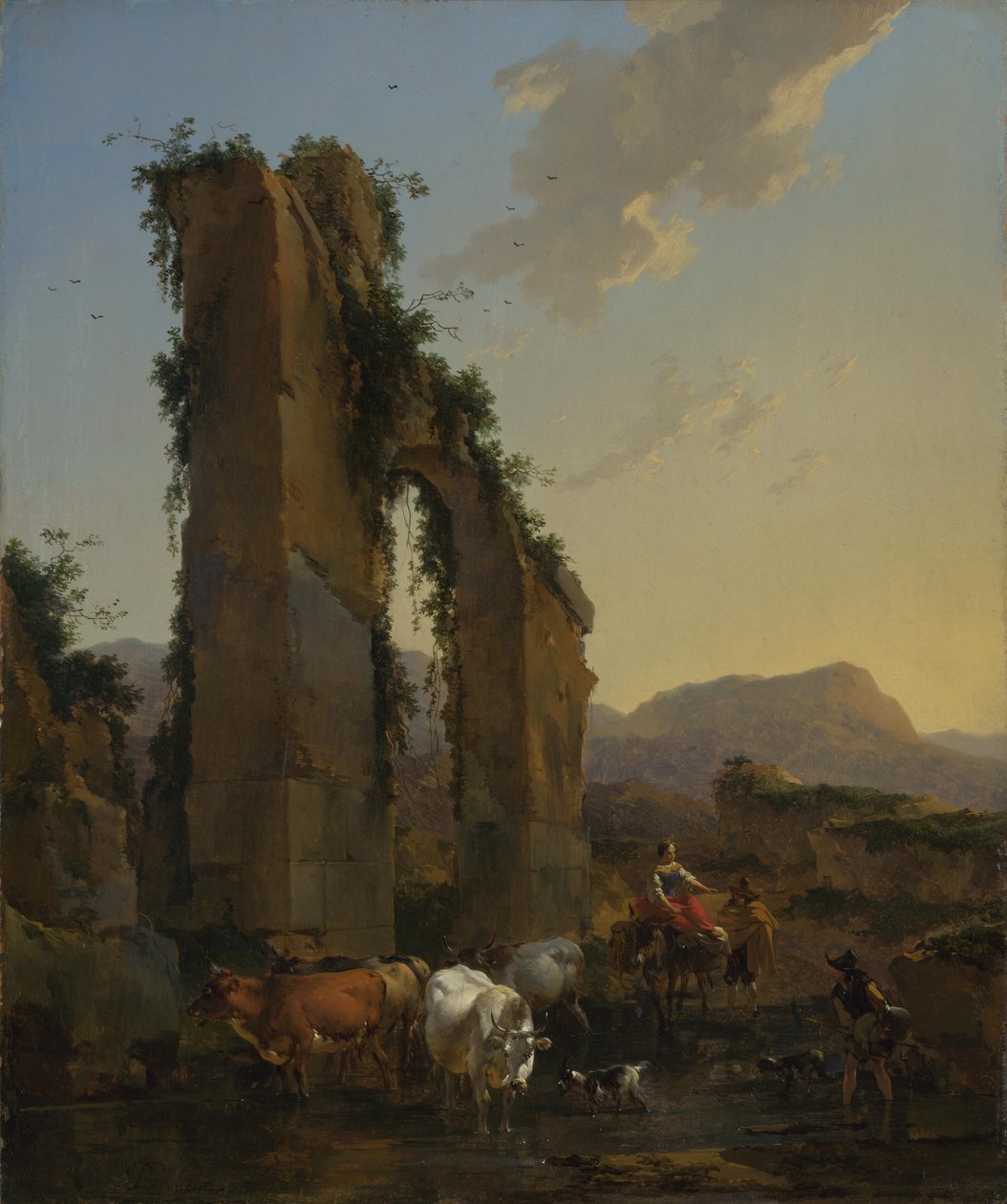 Talonpojat karjan kanssa tuhoutuneen vesijohdon kautta. tekijältä Nicolaes Pietersz. Berchem