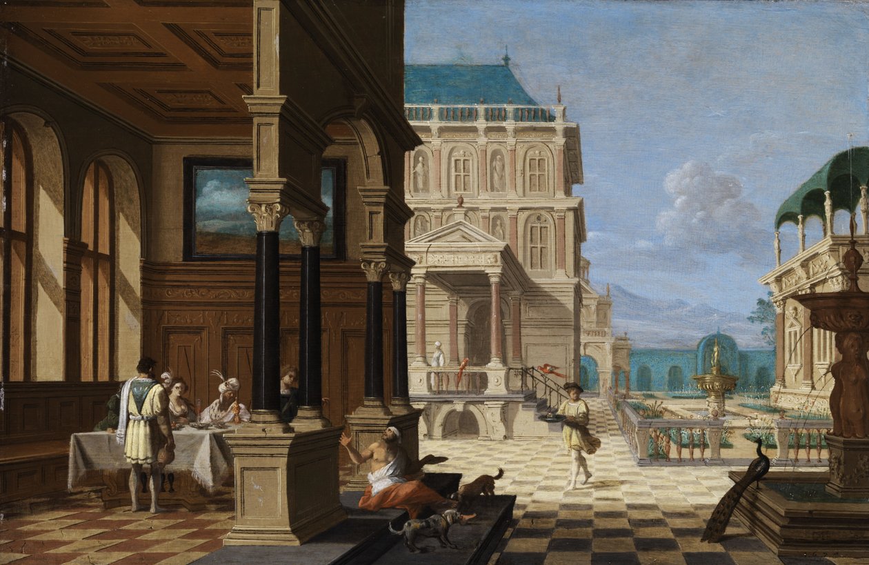 Palatsin sisäpiha, loggia ja hahmoja tekijältä Nicolaes de Giselaer
