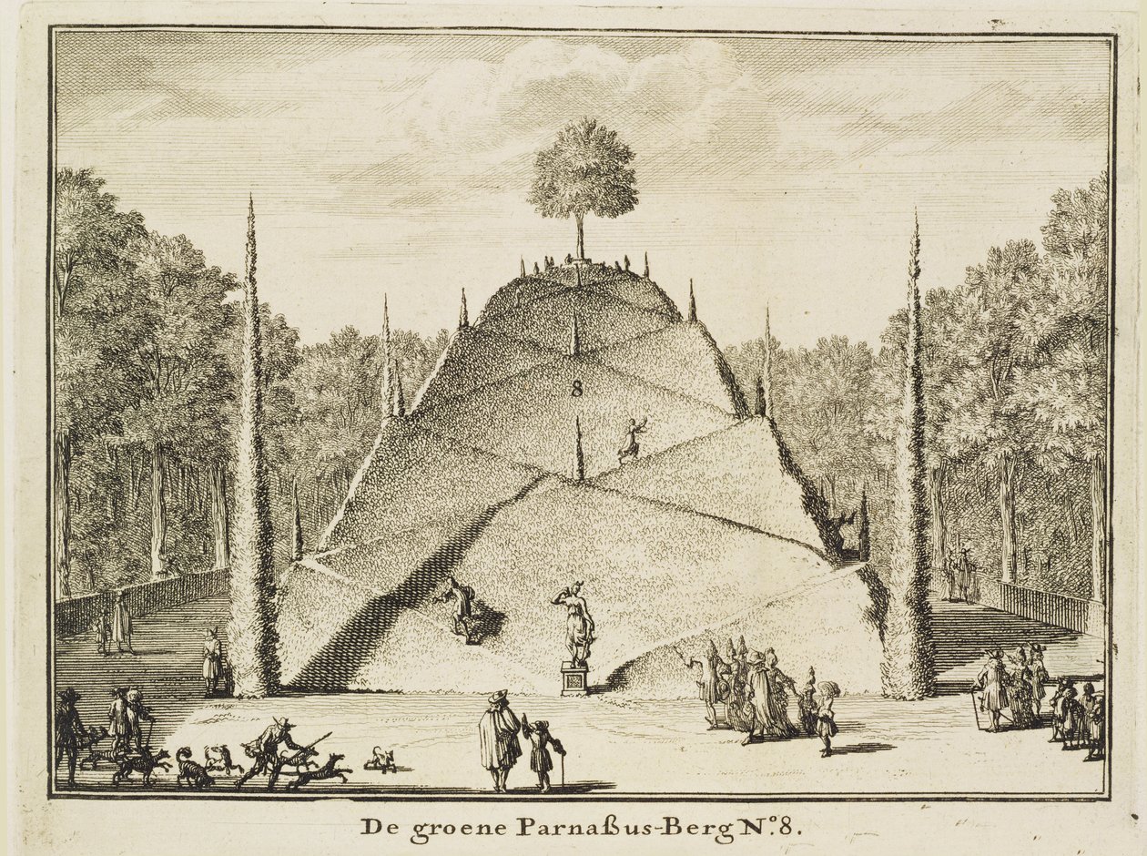 Keinotekoinen Parnassus-vuori, kaiverrus Johannes Van den Aveele (k.1727) tekijältä Nicolaes Jansz Visscher