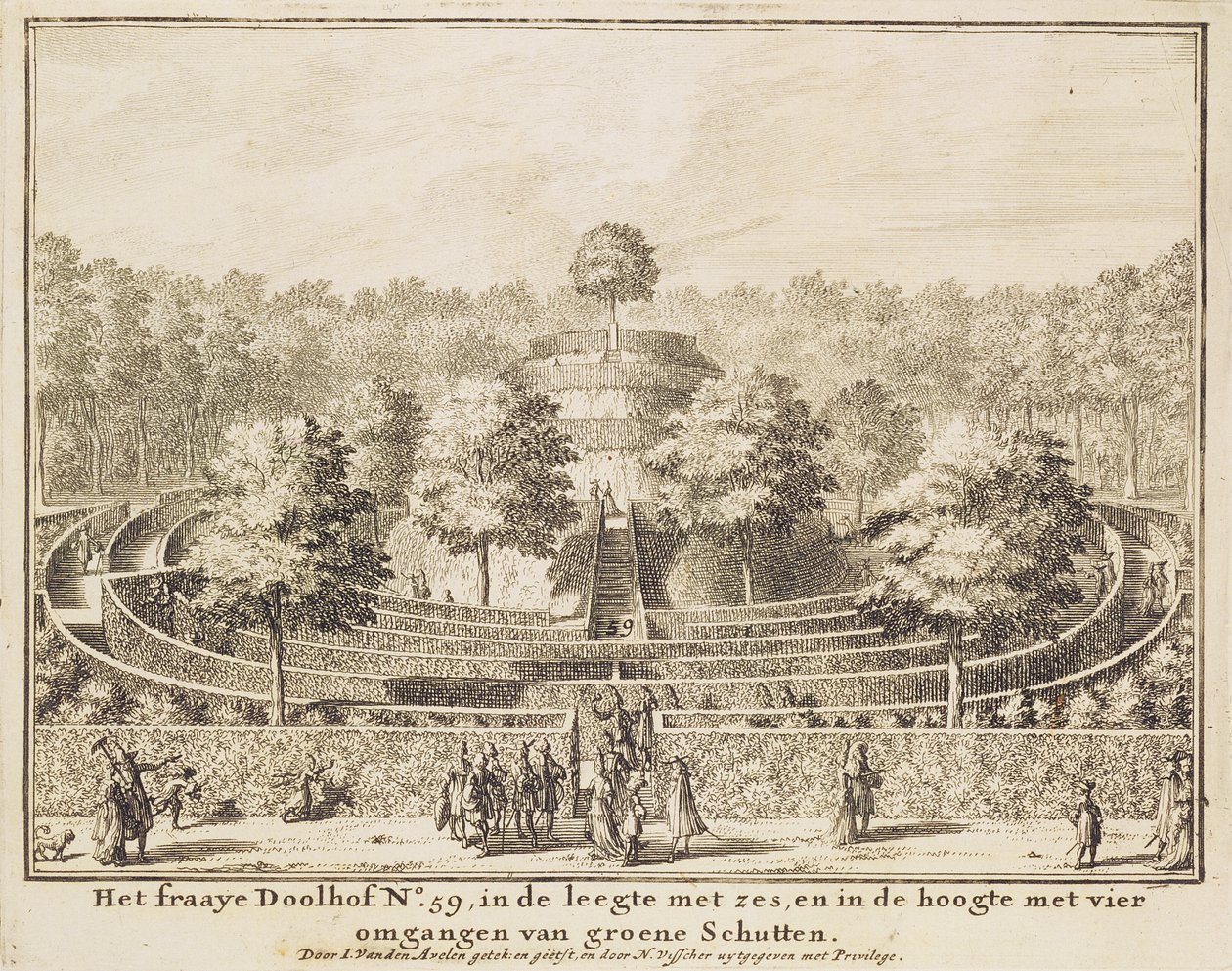 Topiary labyrintti, jossa on neljä uloskäyntiä ja keskellä oleva kummu, kaiverrus Johannes Van den Aveele (k.1727) tekijältä Nicolaes Jansz Visscher