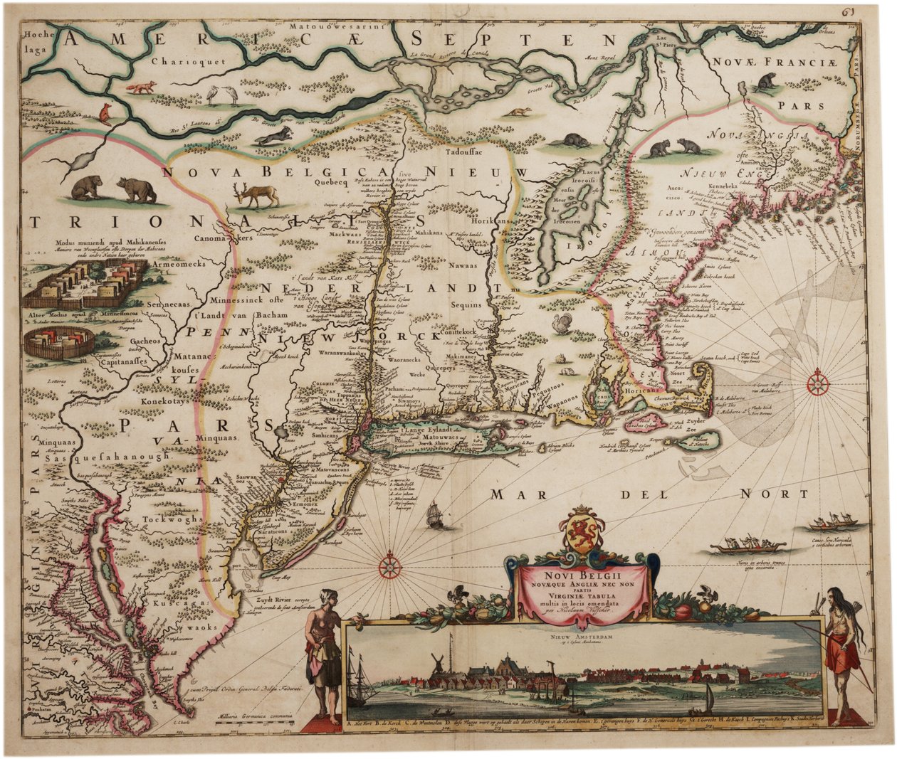 Novi Belgi Novaeque Angliae [Uusi Alankomaat ja Uusi Englanti], 1682 (käsinvärinen kaiverrus) tekijältä Nicolaes the Younger Visscher