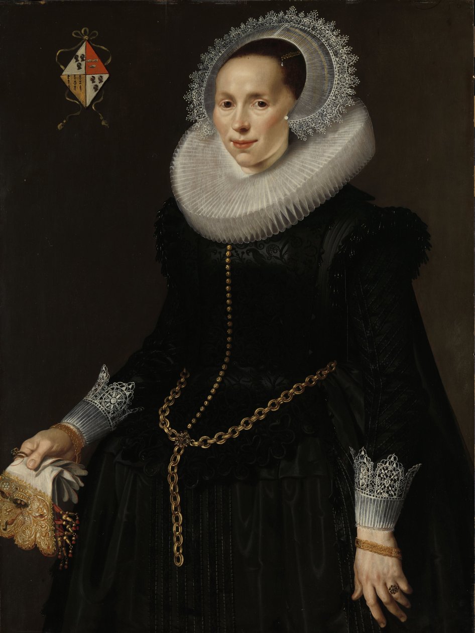 Pieter van Sonin vaimon Johanna Le Mairen muotokuva, n. 1622-29 (öljy paneelissa) tekijältä Nicolaes  Eliasz