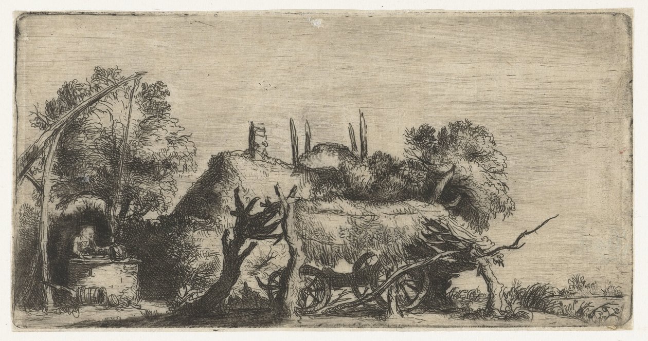Maisema kaivon ja vaunun kanssa tekijältä Nicolaes Anthoni Flinck (attributed to)