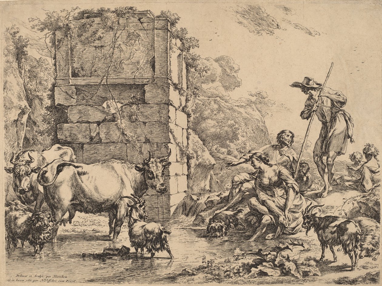 Lehmän juominen, 1680. tekijältä Nicolaes Berchem