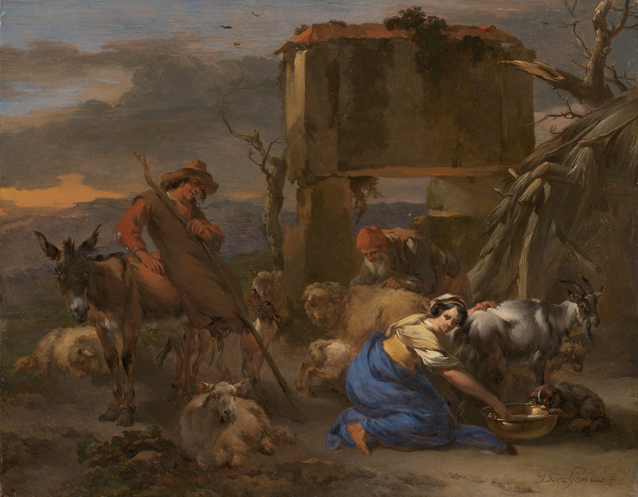 Pastoraalinen kohtaus, jossa paimentar lypsää vuohta tekijältä Nicolaes Berchem