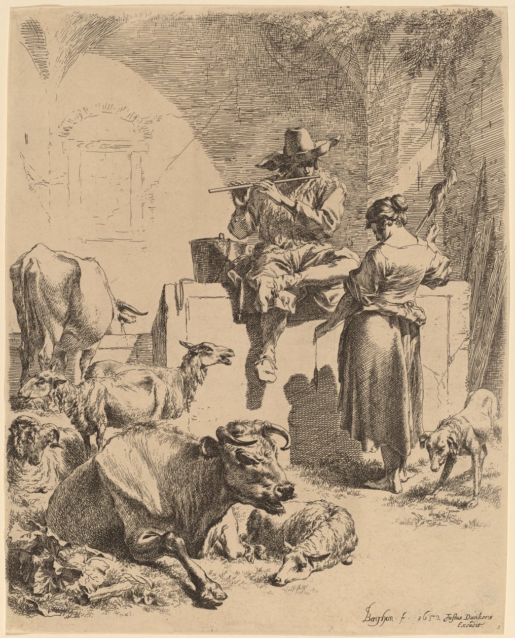 Suihkulähteen päällä istuva paimen ja kehrä, 1652. tekijältä Nicolaes Berchem