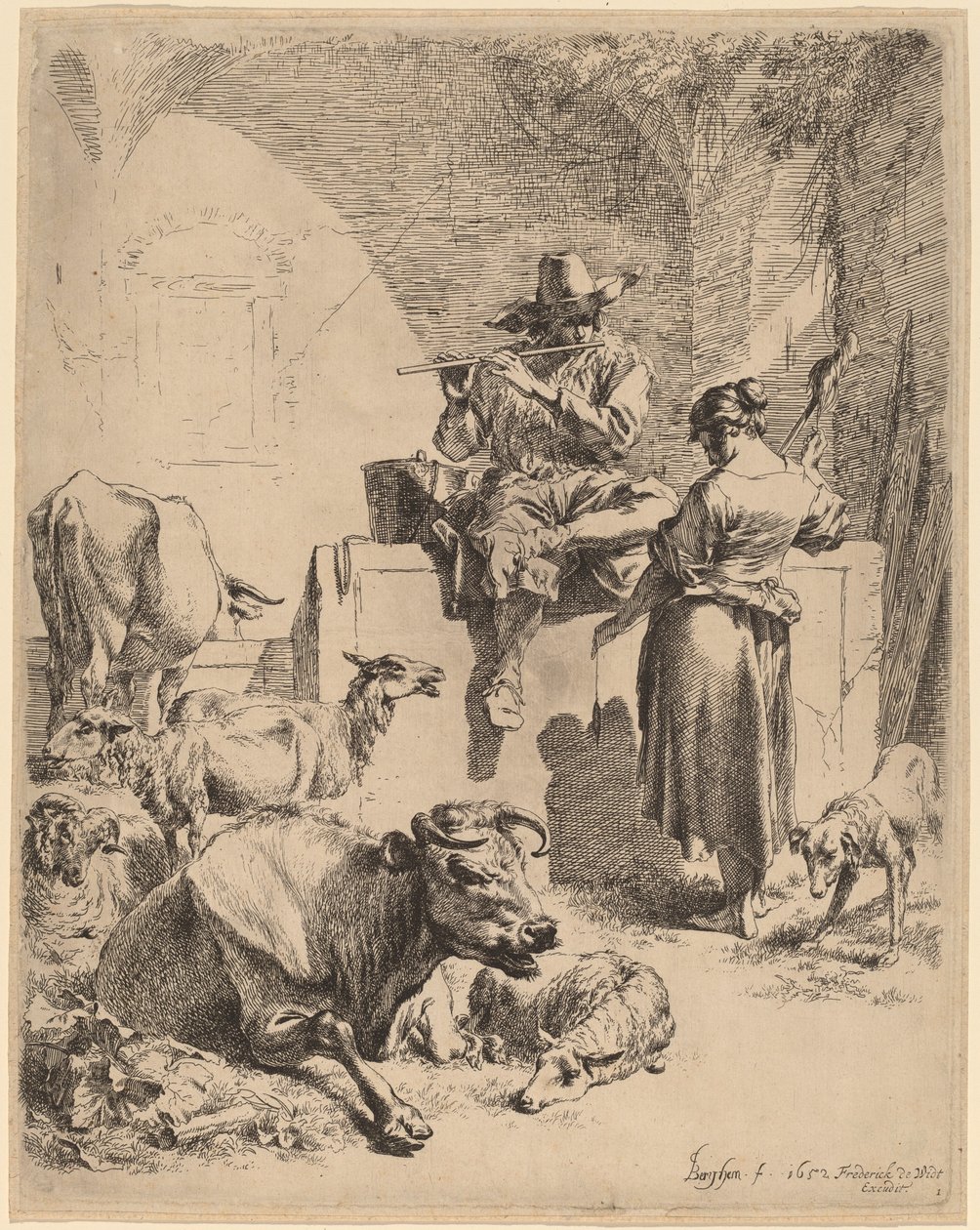 El pastor assegut en una font i el filador, 1652. finlandès tekijältä Nicolaes Berchem