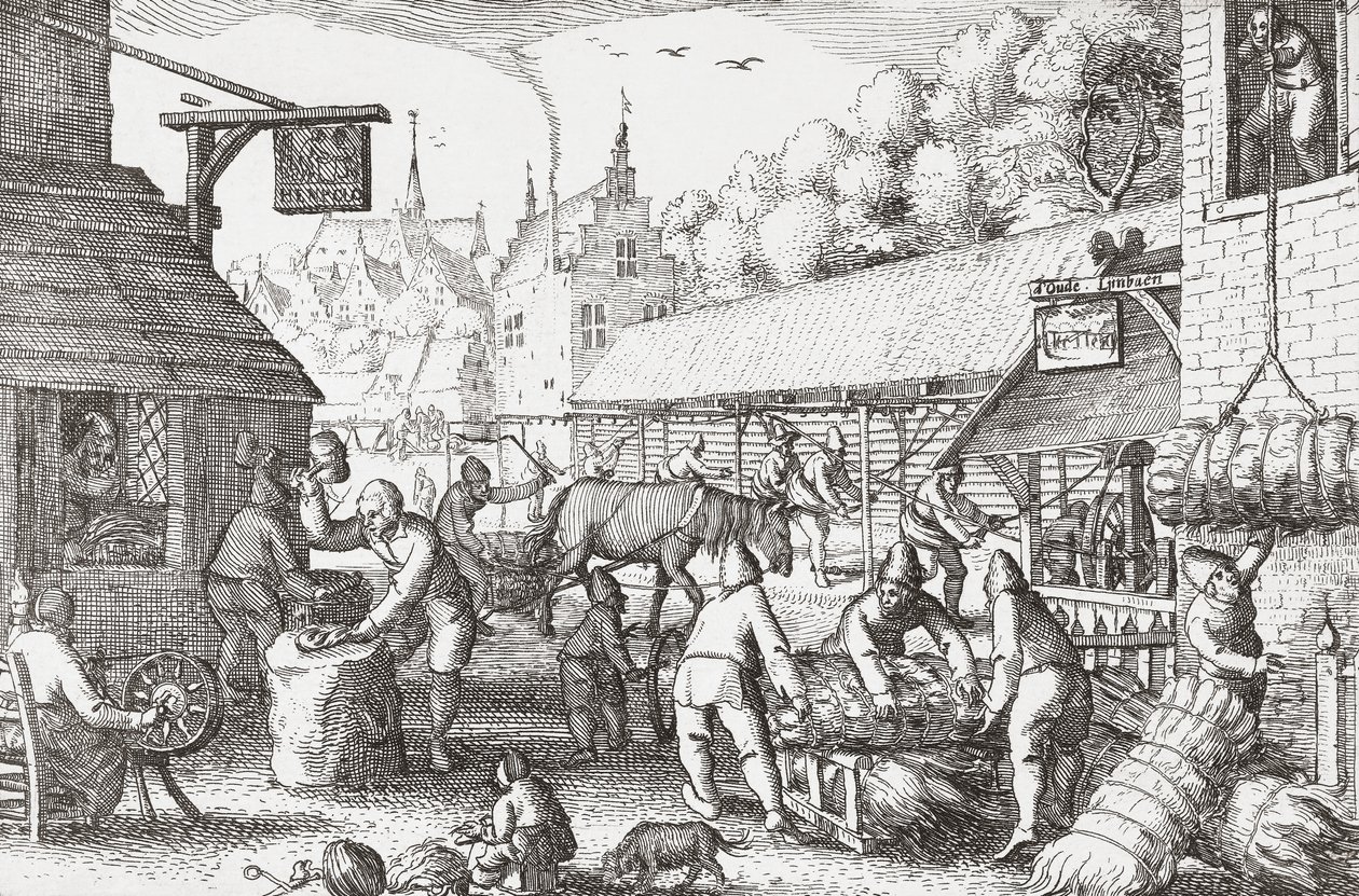 1600-luvun hollantilaiset kyläläiset valmistamassa köyttä tekijältä Nicolaes Jansz Visscher