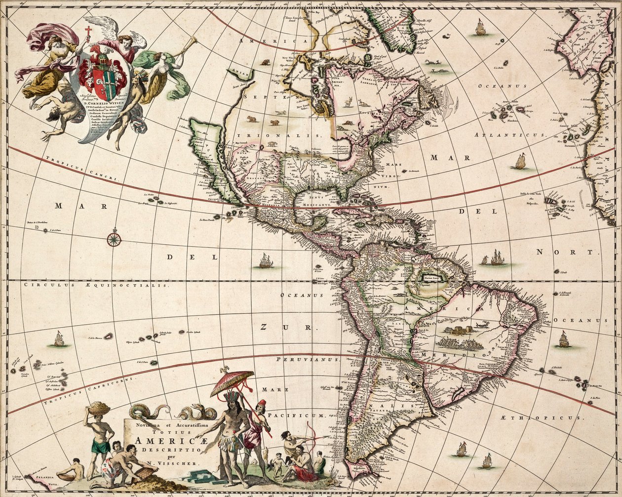 Amerikan kartta, noin 1671 (värillinen kaiverrus). tekijältä Nicolaes Jansz (1586 1652) Visscher