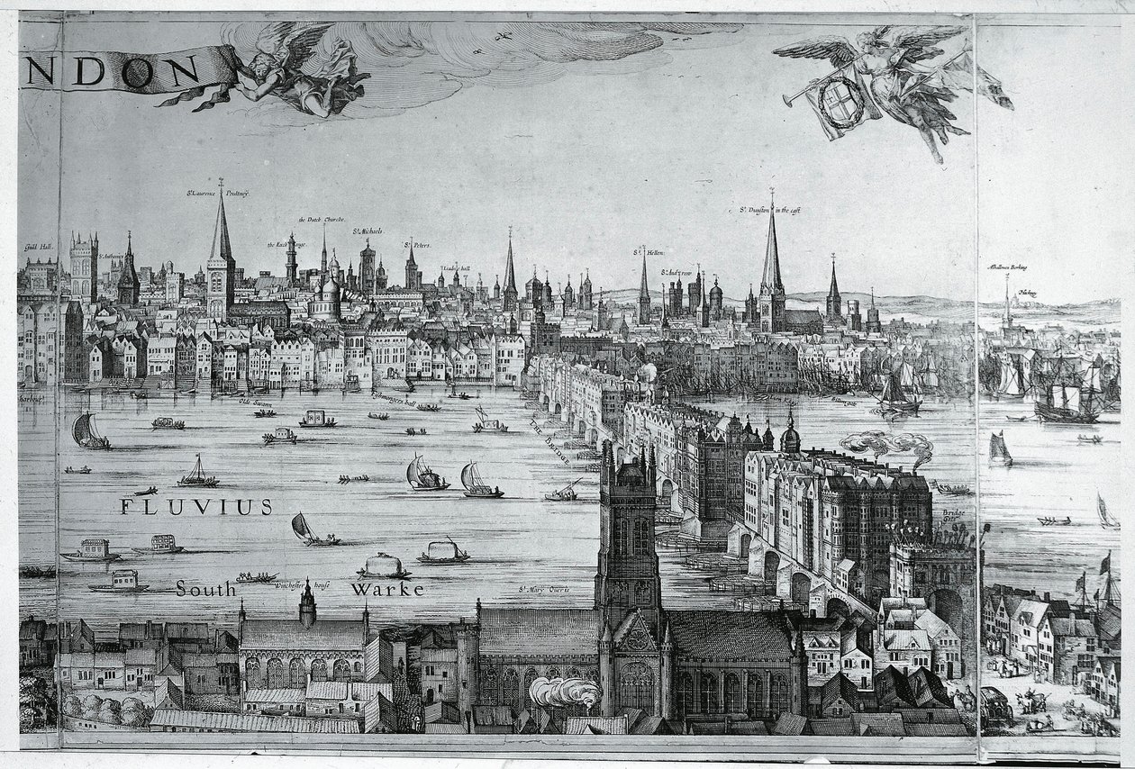 Iso-Britannia, Englanti, näkymä Lontoon kaupunkiin London Bridgen kanssa tekijältä Nicolaes Jansz (1586 1652) Visscher