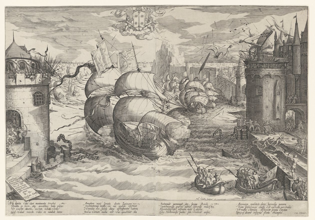 Damiaatin ottaminen ja ketjun voittaminen, 1219 tekijältä Nicolaes Jansz. Clock