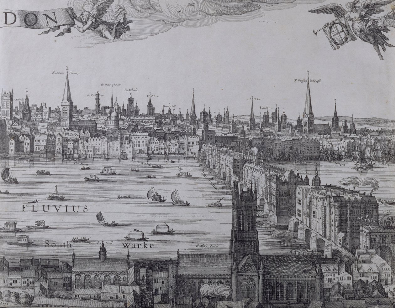 Panorama of London and Thames, osa kolmas näyttää Southwarkin, London Bridgen ja kaupungin kirkot, noin 1600 (katso myös 7214, 64730 ja 64732) tekijältä Nicolaes Jansz Visscher