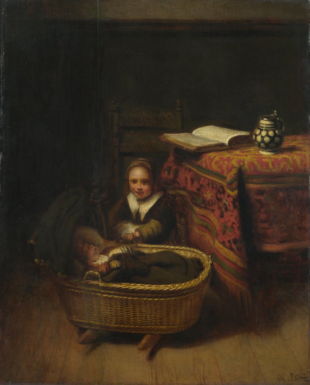 Pieni tyttö keinuttaa kehtoa, c. 1655 tekijältä Nicolaes Maes