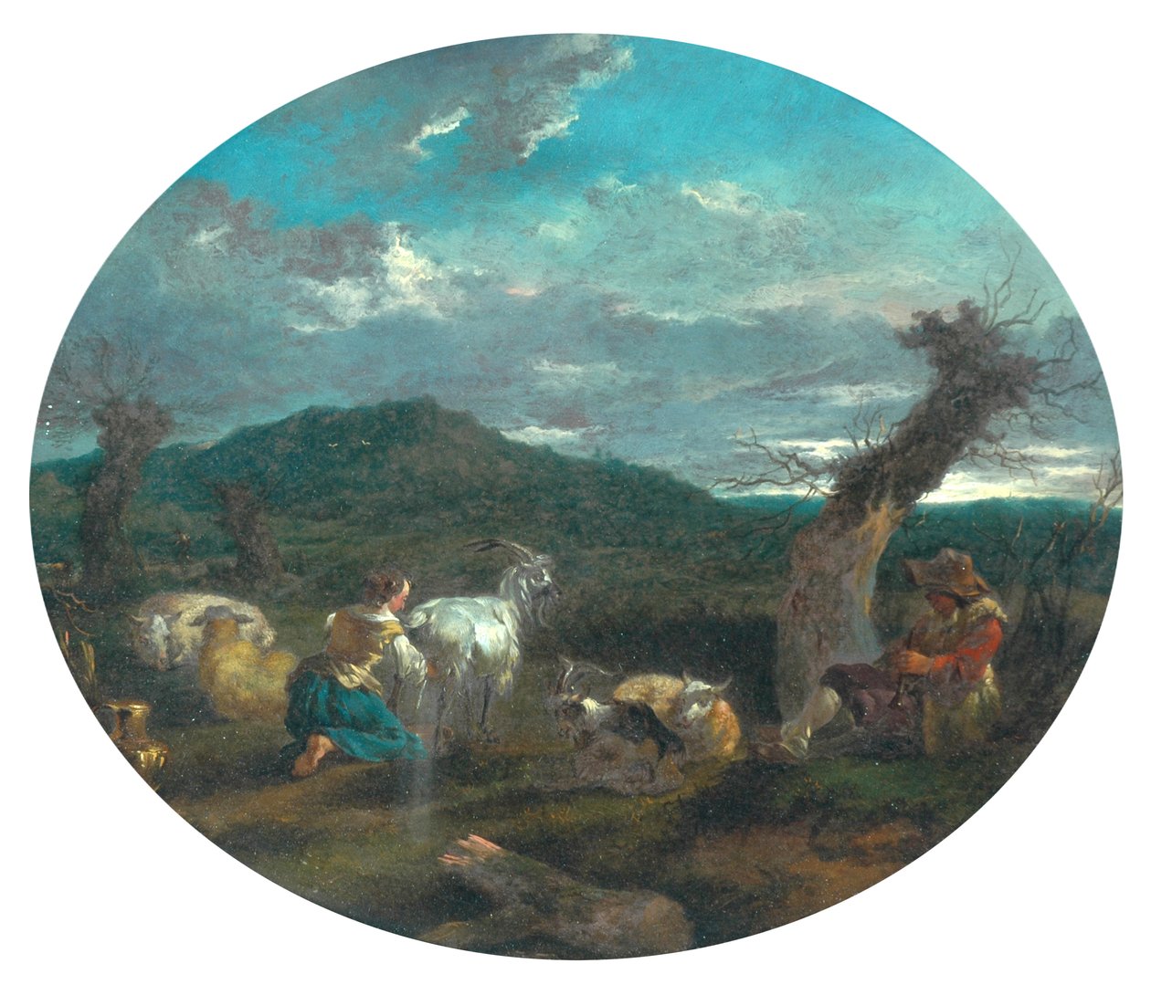 Pastoraalinen kohtaus (öljy paneelille) tekijältä Nicolaes Pietersz (attr.to) Berchem