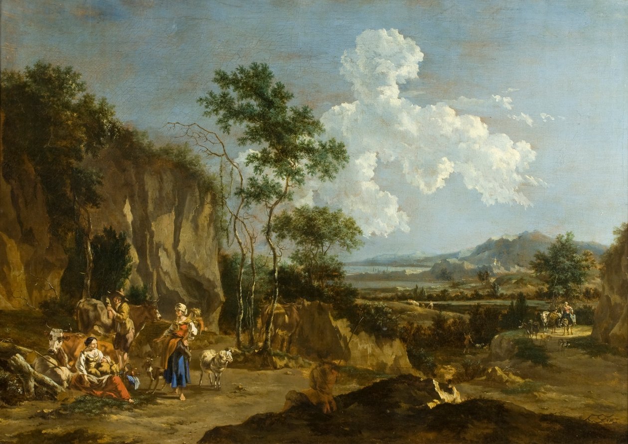 Italialainen maisema (tai työläisten lounas) tekijältä Nicolaes Pietersz (follower of) Berchem