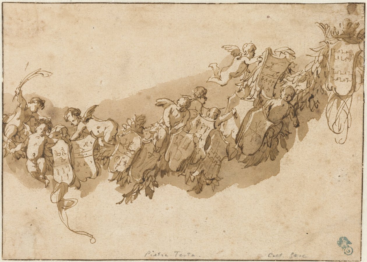 Heraldinen seppele enkelien ympäröimänä tekijältä Nicolaes Pietersz Berchem (possibly)
