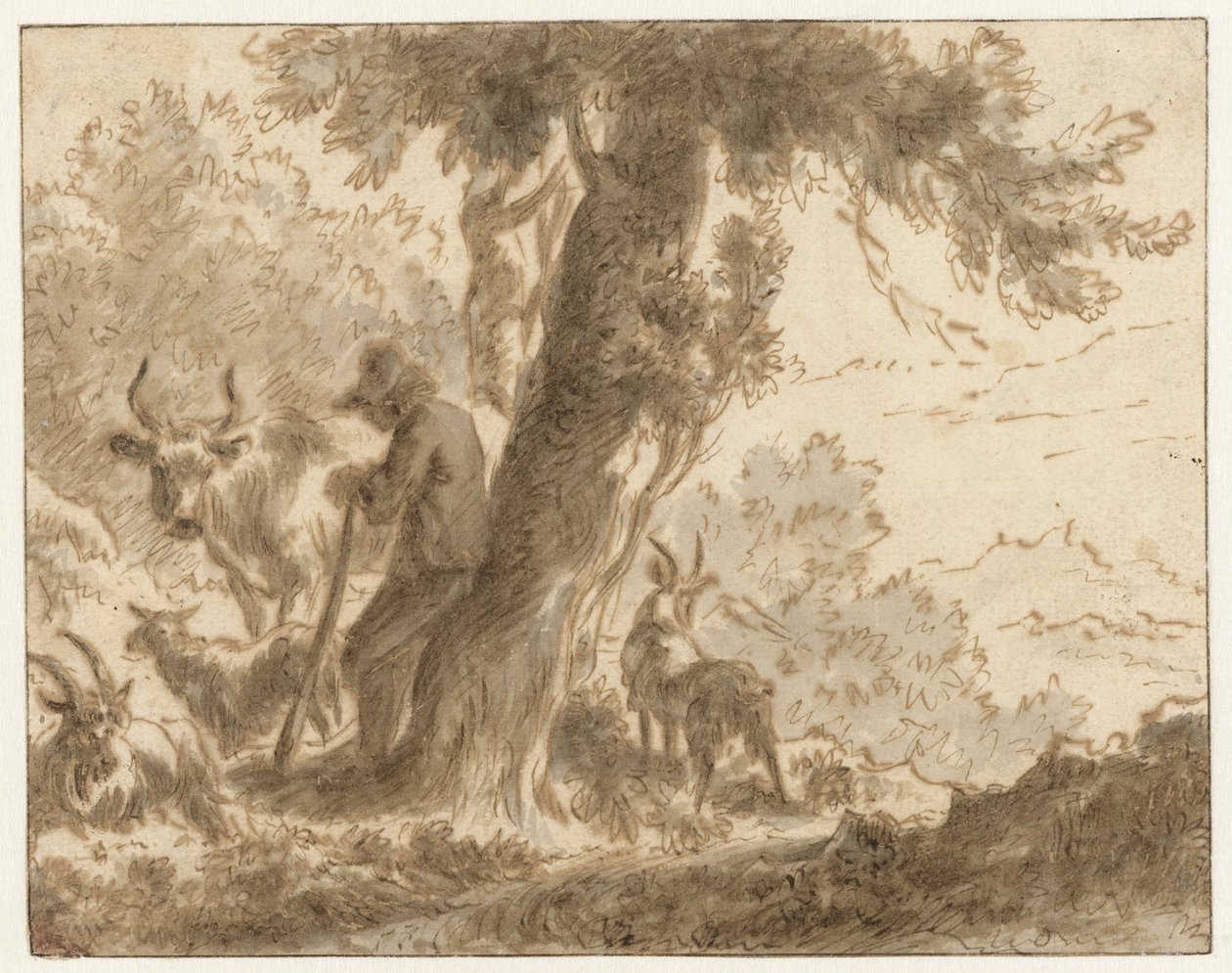 Paimen ja hänen karjansa puun vieressä tekijältä Nicolaes Pietersz Berchem (possibly)