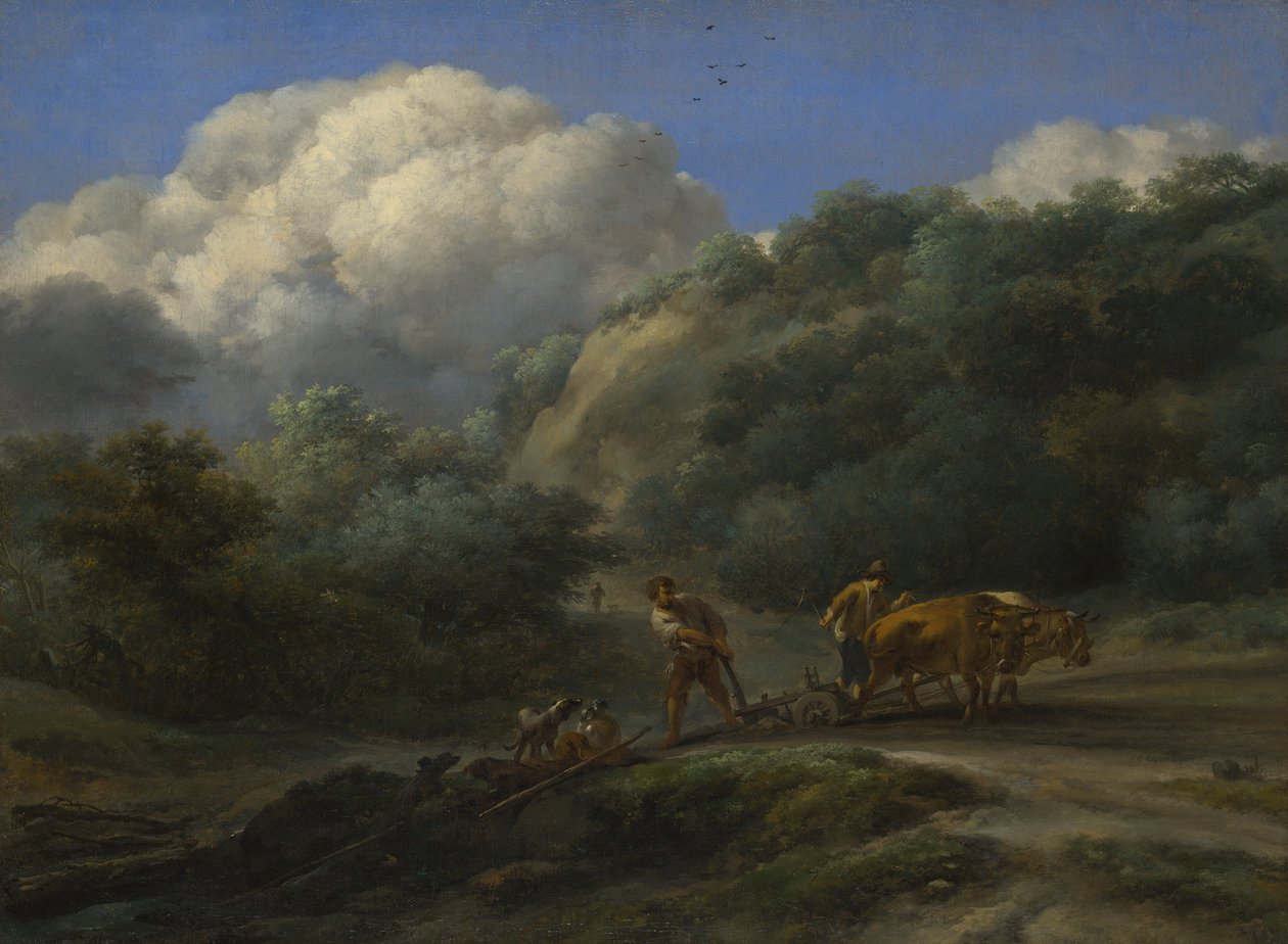Mies ja nuori kyntämässä härkien kanssa, n. 1650 tekijältä Nicolaes Pietersz. Berchem