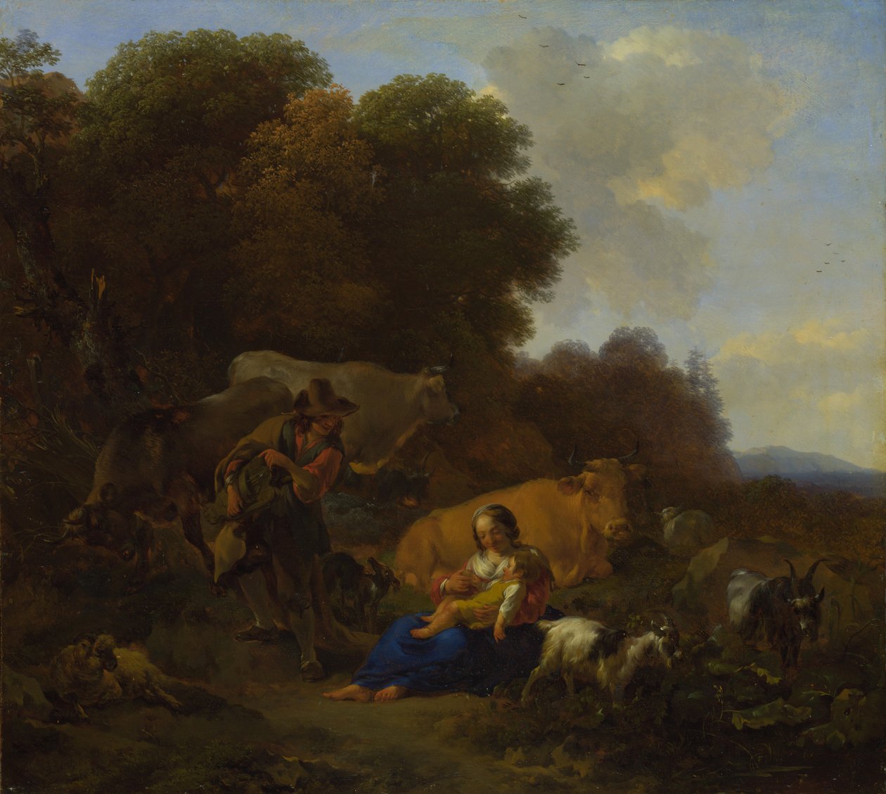Talonpoika, joka soittaa Hurdy-Gurdya naiselle ja lapselle, 1658 tekijältä Nicolaes Pietersz. Berchem