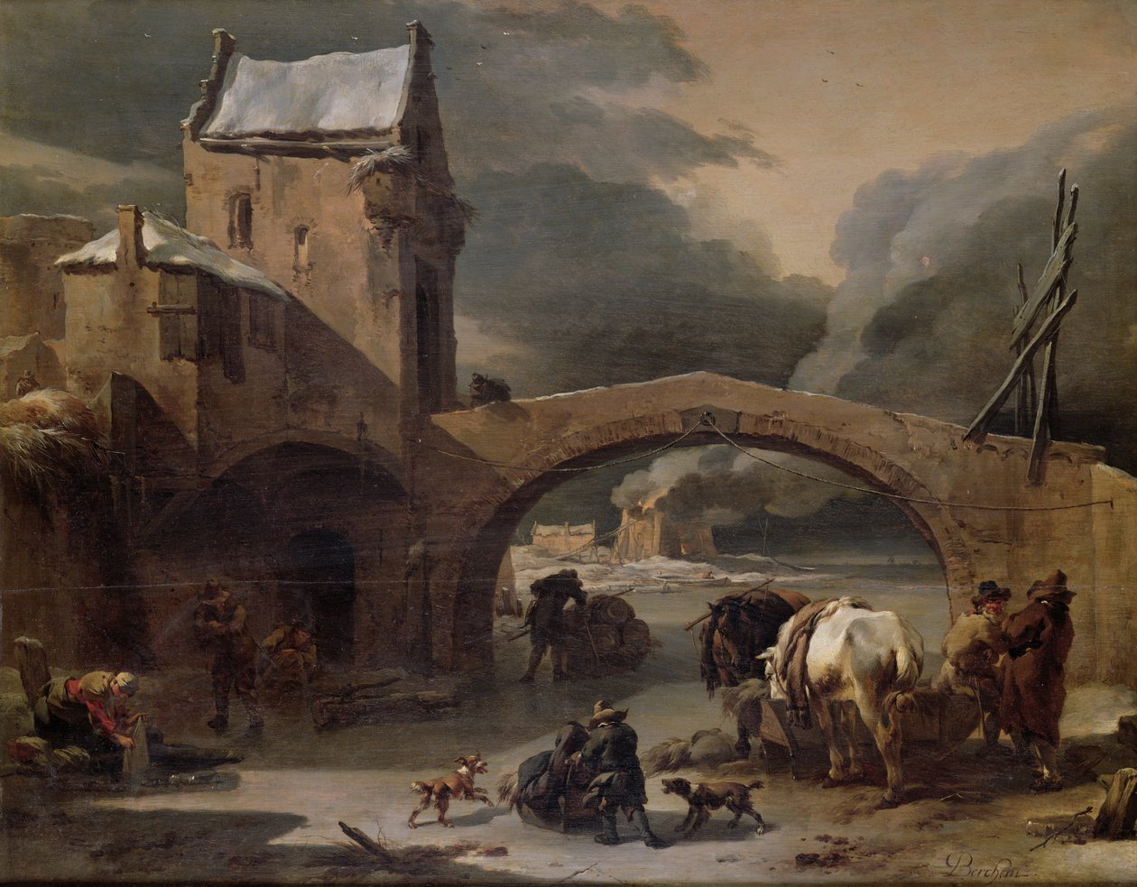 Talvimaisema talonpoikien ja hevosten kanssa jäätyneellä kanavalla linnoitussillan varrella, n. 1660-70 (öljy paneelissa) tekijältä Nicolaes Pietersz. Berchem