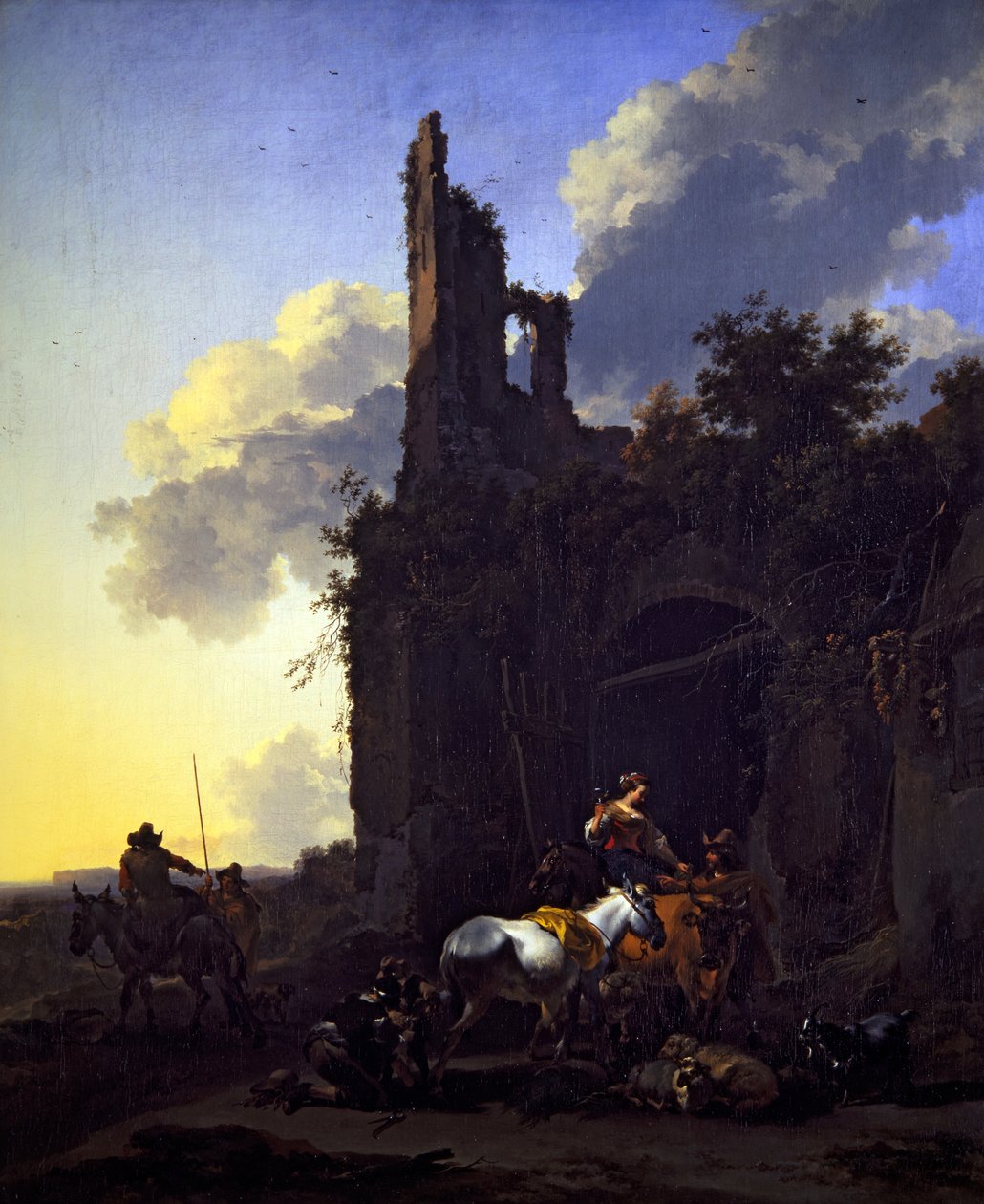 Italianate maisema, jossa talonpoikia majatalon ulkopuolella tekijältä Nicolaes Pietersz. Berchem