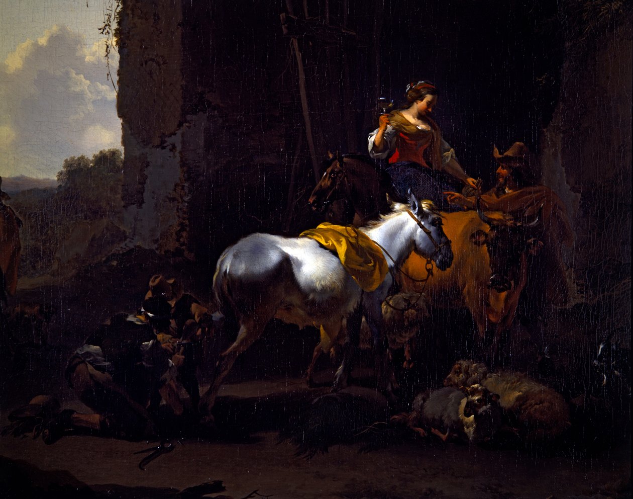 Italianate maisema, jossa talonpoikia majatalon ulkopuolella tekijältä Nicolaes Pietersz. Berchem