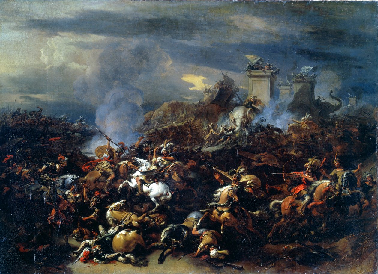 Taistelu Aleksanterin ja Poruksen välillä, 326 eKr., 1600-luvun puolivälistä loppupuolelle tekijältä Nicolaes Pietersz. Berchem