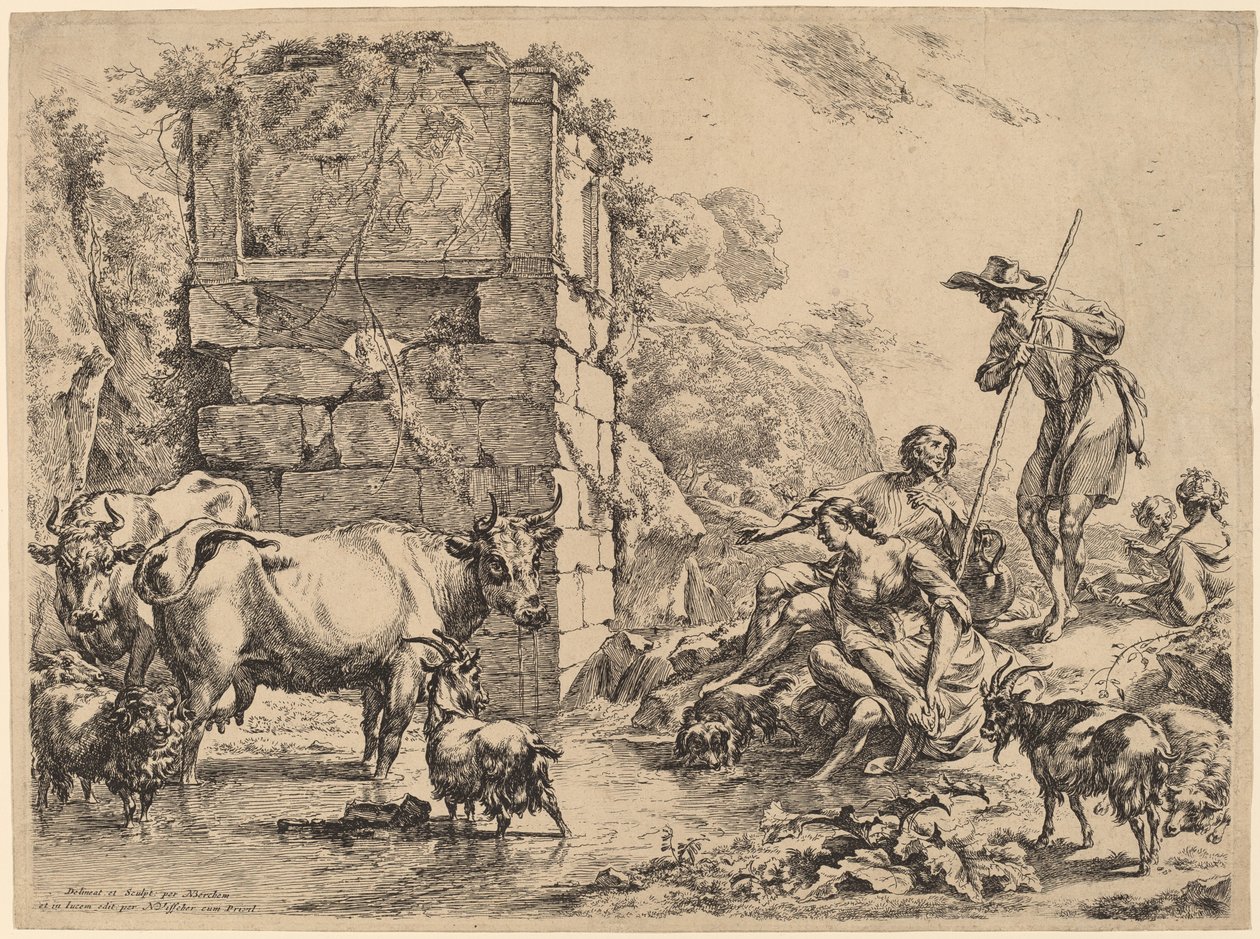 Lehmän juominen tekijältä Nicolaes Pietersz Berchem