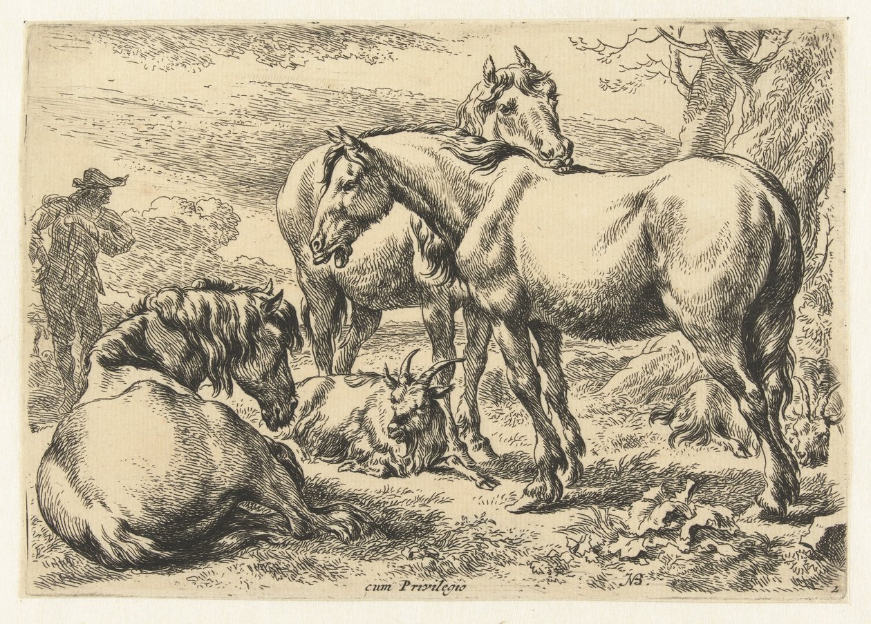 Kolme hevosta Eläimet (sarjan nimi) tekijältä Nicolaes Pietersz Berchem