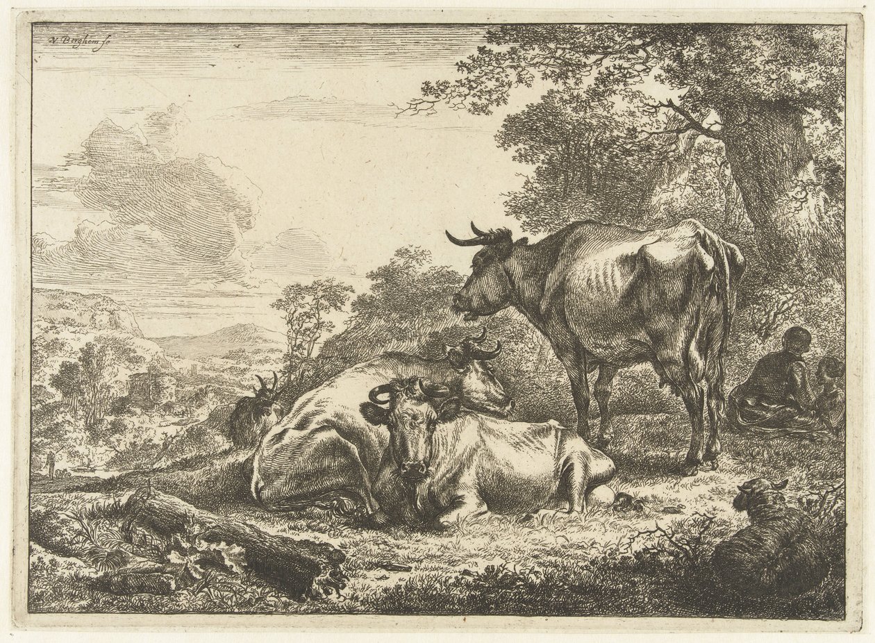 Kolme lepäävää lehmää tekijältä Nicolaes Pietersz Berchem