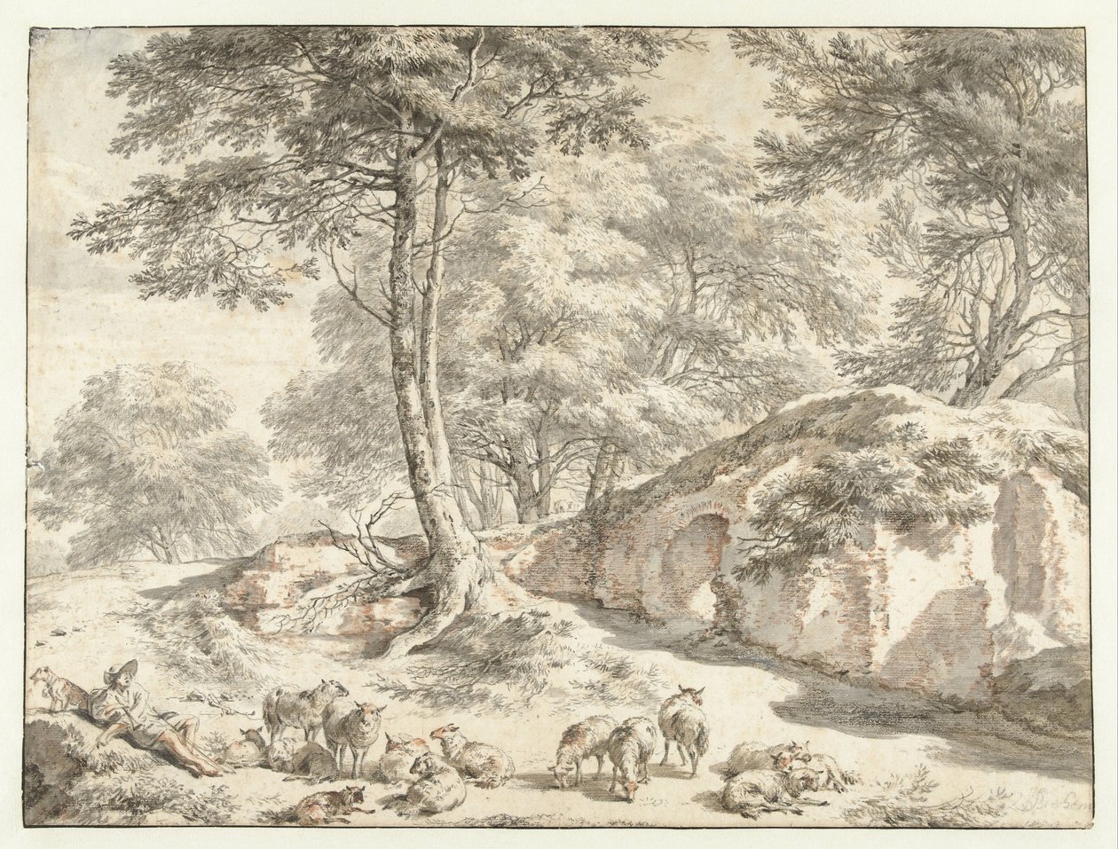 Paimen lampaiden kanssa rauniolla puiden välissä tekijältä Nicolaes Pietersz Berchem