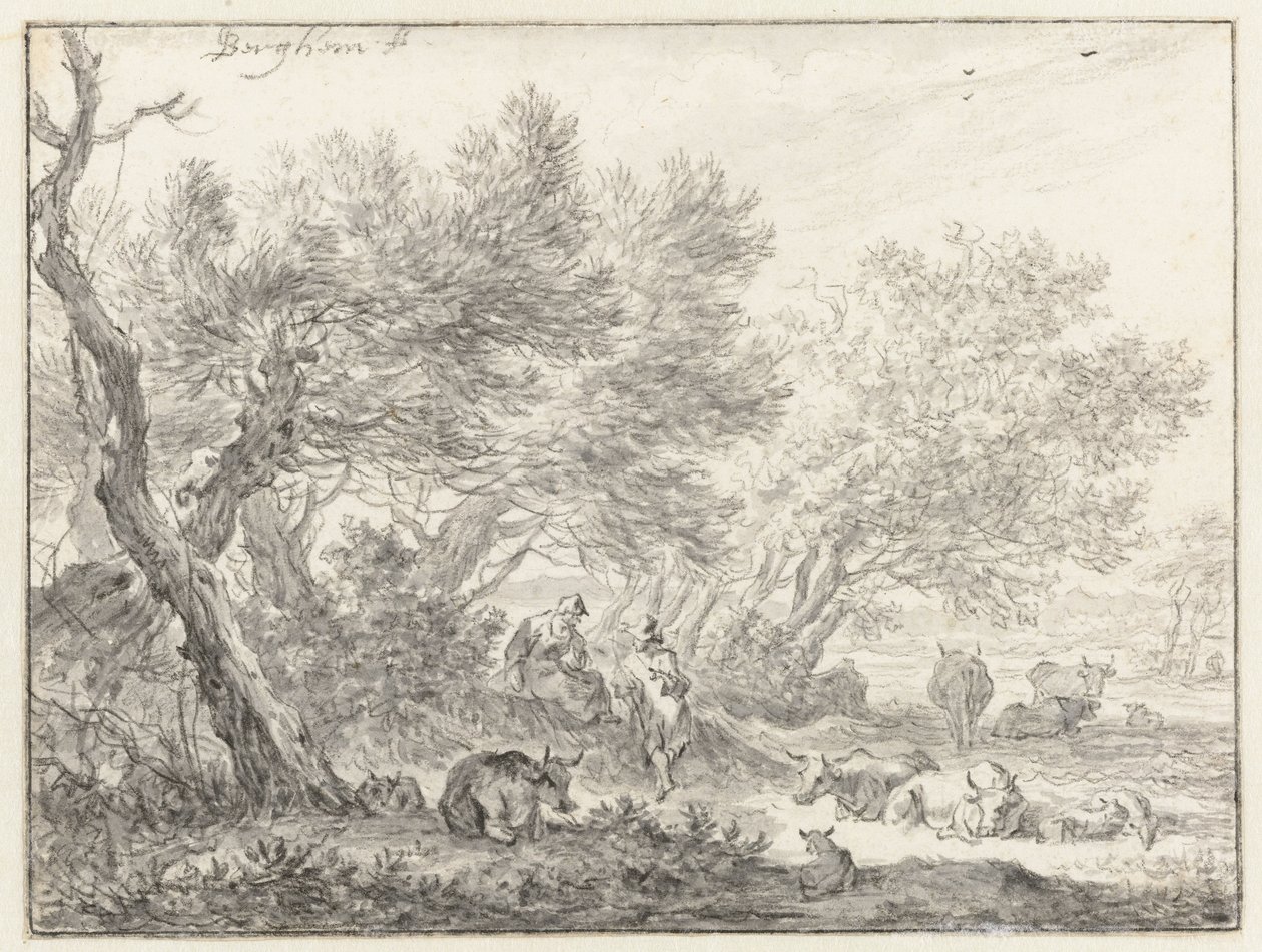 Paimenet ja karja puuryhmän lähellä tekijältä Nicolaes Pietersz Berchem