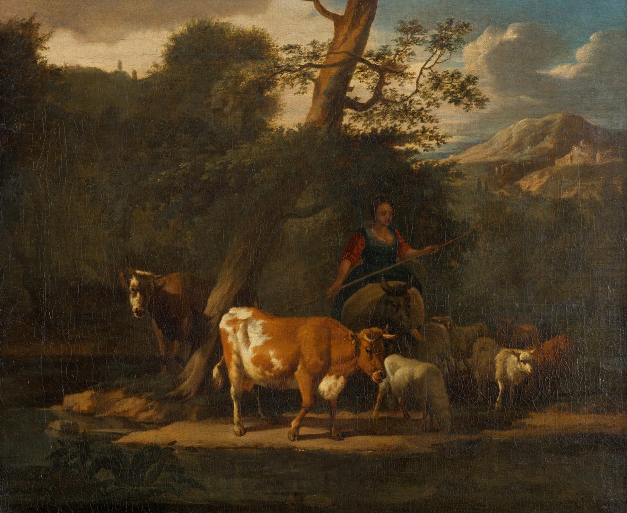 Paimentolaisnainen lehmien kanssa puun alla tekijältä Nicolaes Pietersz. Berchem