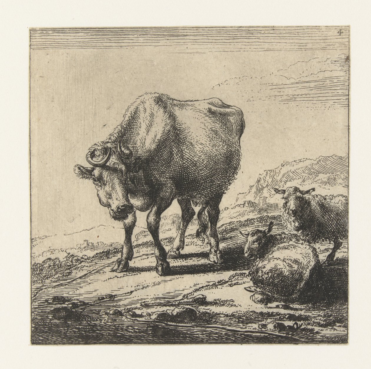 Lehmä ja kaksi lammasta Lehmät (sarjan nimi) tekijältä Nicolaes Pietersz Berchem