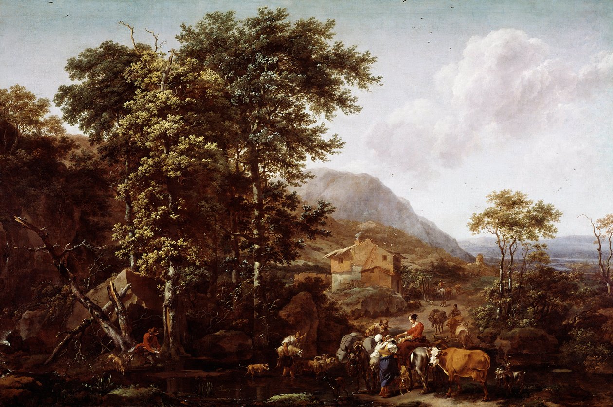 Maisemaa ja eläimiä. Hollantilaisen taidemaalarin Nicolaes Berchemin (1620-1683) maalaus tekijältä Nicolaes Pietersz. Berchem