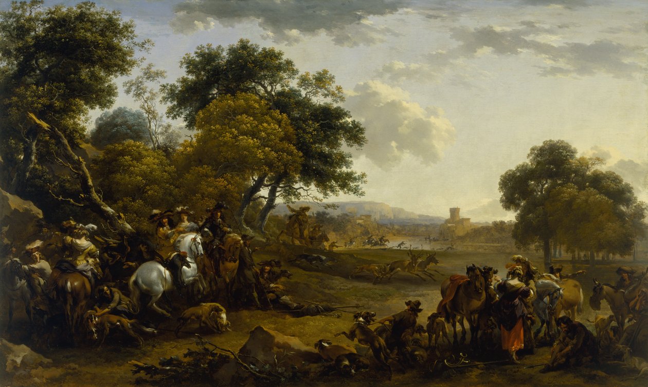 Maisema metsästäjien kanssa tekijältä Nicolaes Pietersz. Berchem