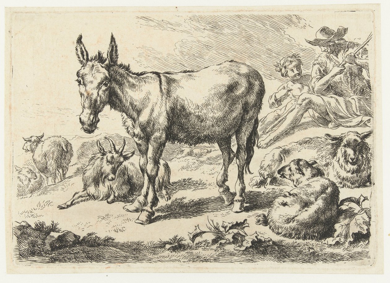 Maisema aasin, lampaan, vuohen ja paimenten kanssa Eläimet (sarjan nimi) tekijältä Nicolaes Pietersz Berchem