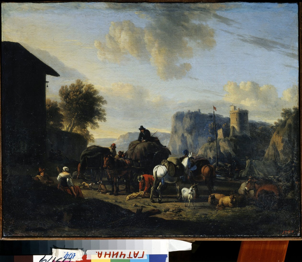 ""Loput saattueesta"" (Loput saattueesta) Ryhmä matkustavia paimenia, jotka pysähtyvät tiellä. Nicolaes (Claes) maalaus Pietersz Berchem vanhin (1620-1683) 1600-luvun valtion ulkoilmamuseon palatsi Gatchina, Pietari tekijältä Nicolaes Pietersz. Berchem