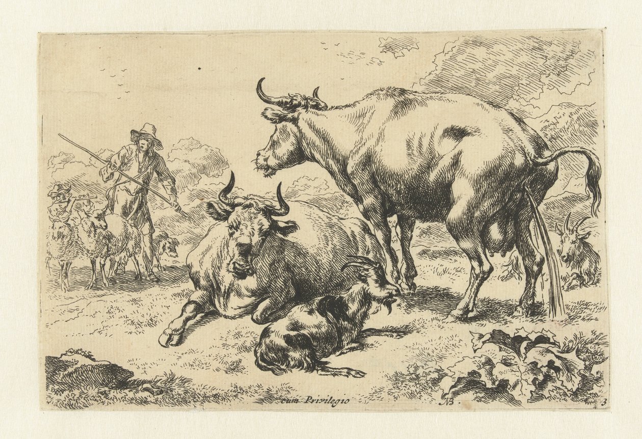Valehtelee ja kusee lehmä Eläimet (sarjan nimi) tekijältä Nicolaes Pietersz Berchem