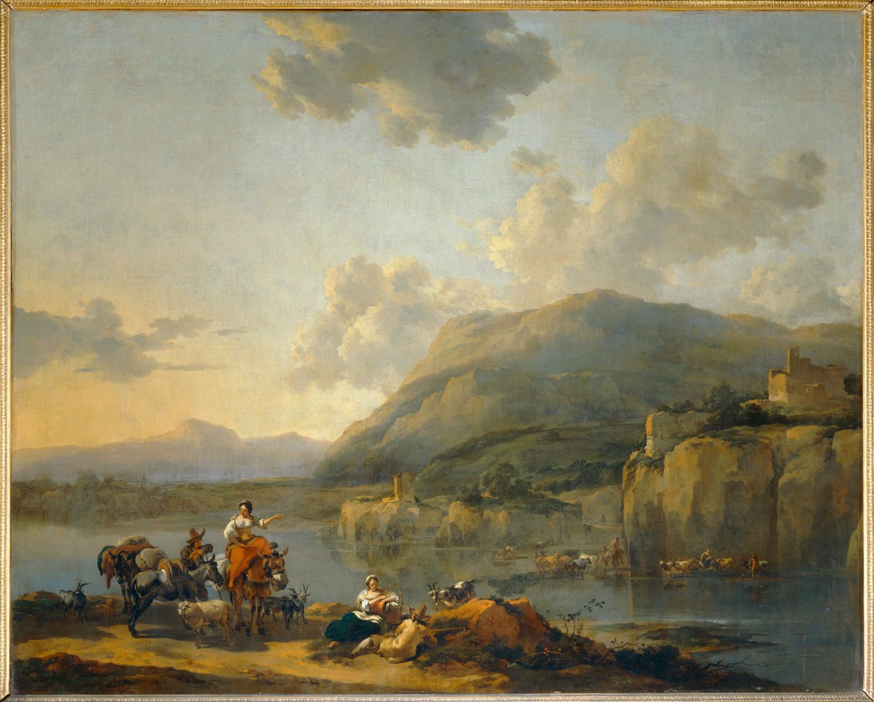 Muuli-kuljettaja lähellä uomaa - Naispuolinen muuli-kuljettaja kulkee uoman ohi ... tekijältä Nicolaes Pietersz. Berchem