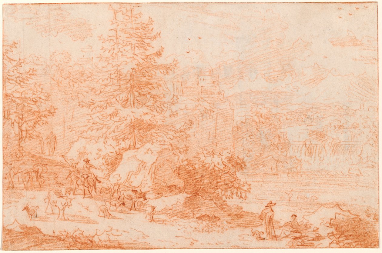 Pohjoinen maisemafantasia, joka tuo mieleen Tivolin tekijältä Nicolaes Pietersz Berchem