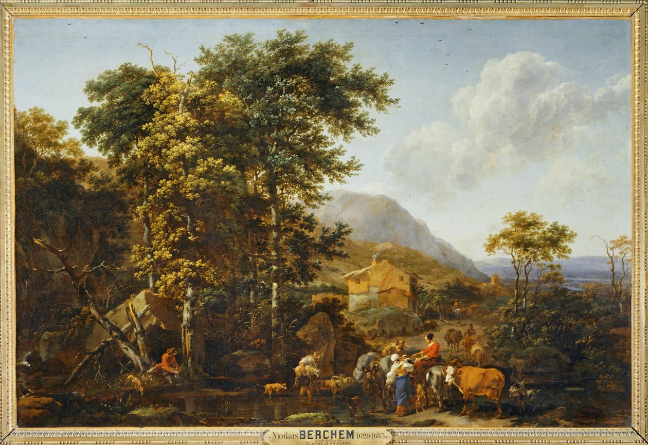 Maisema, jossa on suuri puu ... tekijältä Nicolaes Pietersz. Berchem