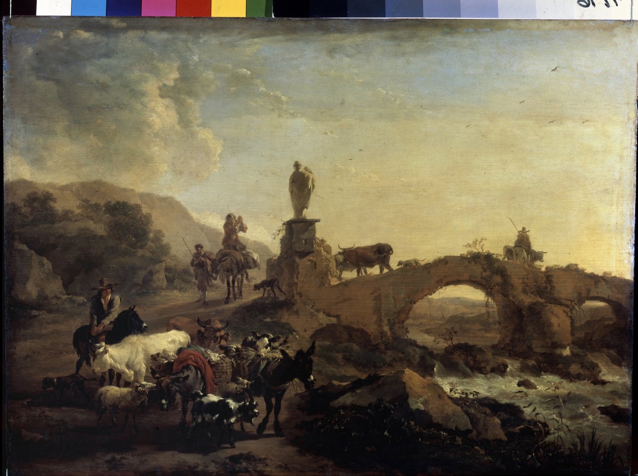 "Italialainen maisema pienellä sillalla" Nicolaes (Claes) maalaus Pietersz Berchem vanhin (1620-1683) 1656 Mitat 44,5x61 cm Eremitaaši, Pietari tekijältä Nicolaes Pietersz. Berchem