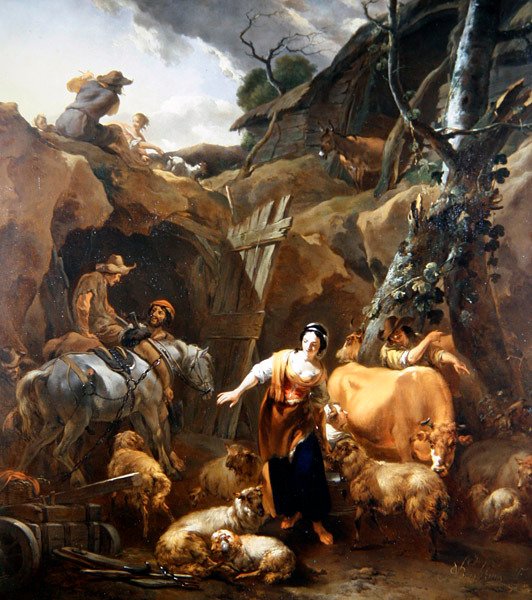 Talonpojat kivisessä maisemassa kaivoksen ulkopuolella tekijältä Nicolaes Pietersz. Berchem