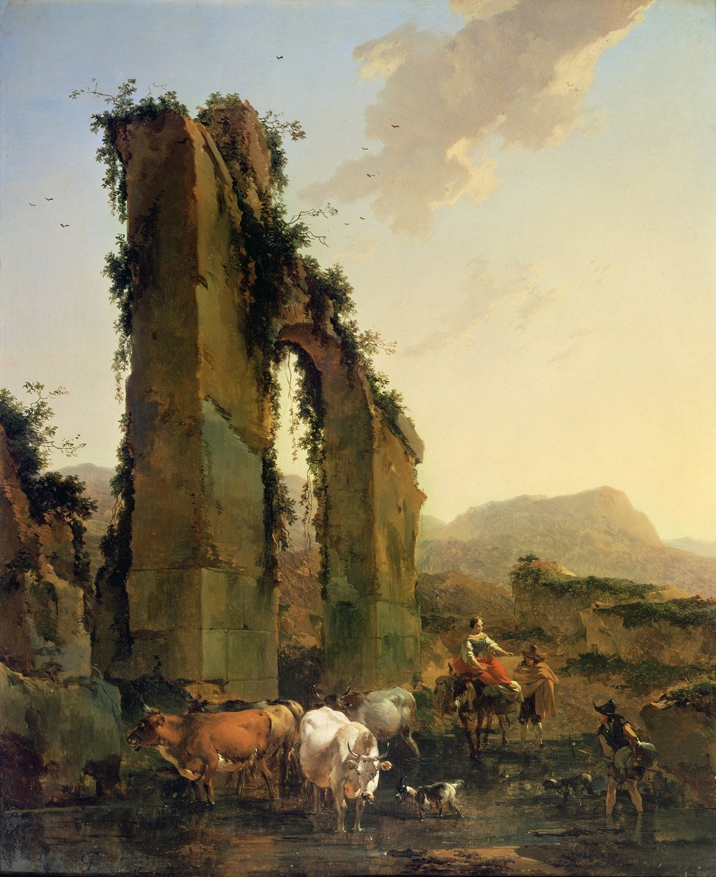 Talonpojat karjan kanssa raunioidun akveduktin luona, n. 1655-1660 (öljy kankaalle) tekijältä Nicolaes Pietersz. Berchem