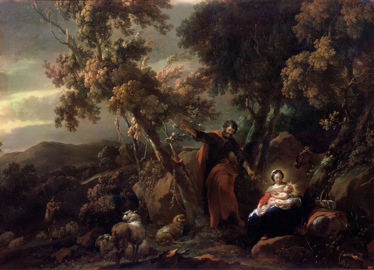 Lepää lennossa Egyptiin, 1600-luku. tekijältä Nicolaes Pietersz. Berchem