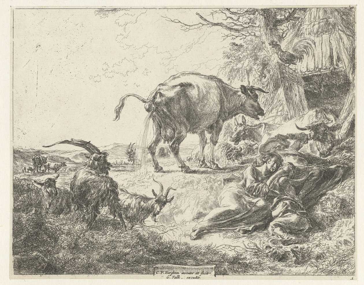 Nukkuva paimenperhe ja lepäävä karja tekijältä Nicolaes Pietersz Berchem
