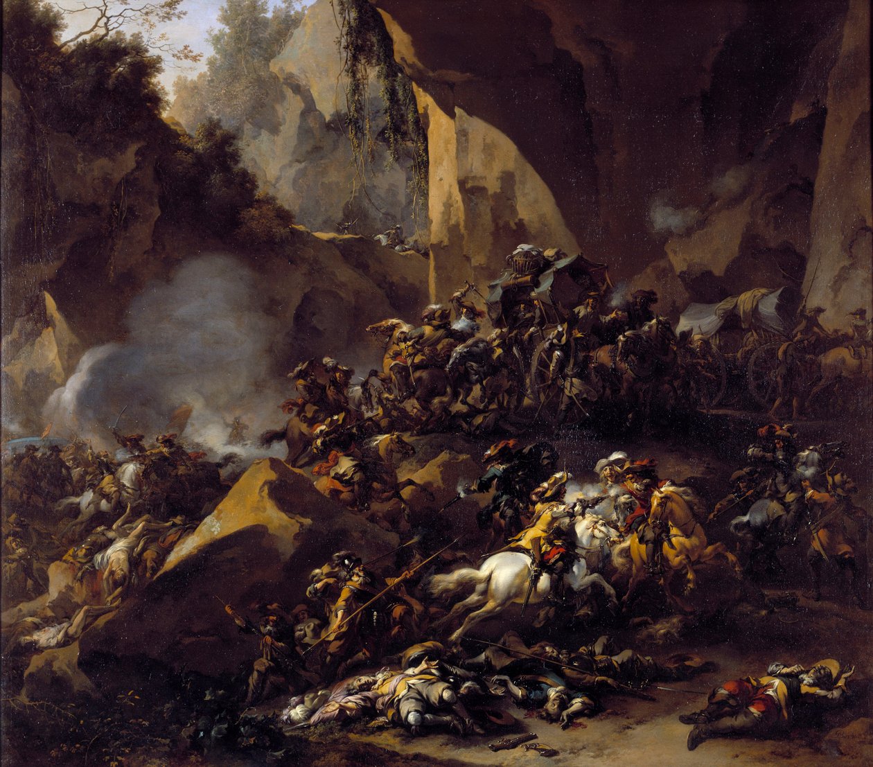 Ryöstöt hyökkäsivät matkustajien kimppuun tekijältä Nicolaes Pietersz Berchem