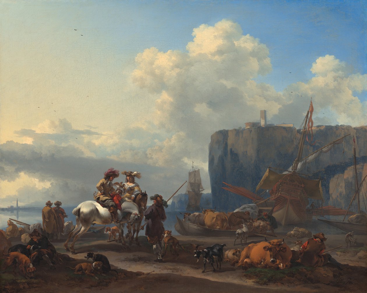 Näkymä italialaiseen satamaan tekijältä Nicolaes Pietersz Berchem