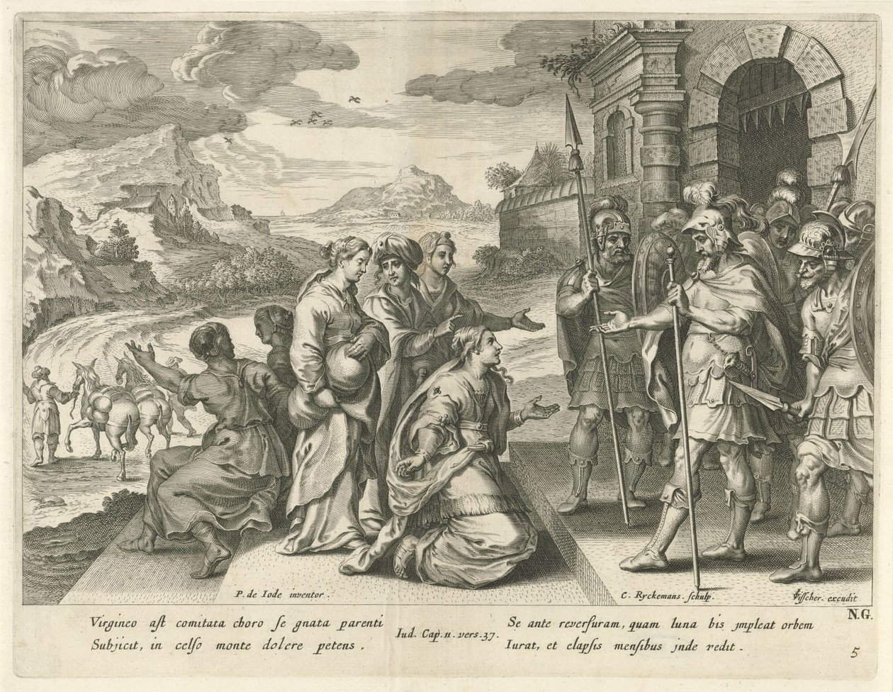 Jefta antaa tyttärelleen luvan mennä vuorille History of Jephthan (sarjan nimi) tekijältä Nicolaes Ryckmans